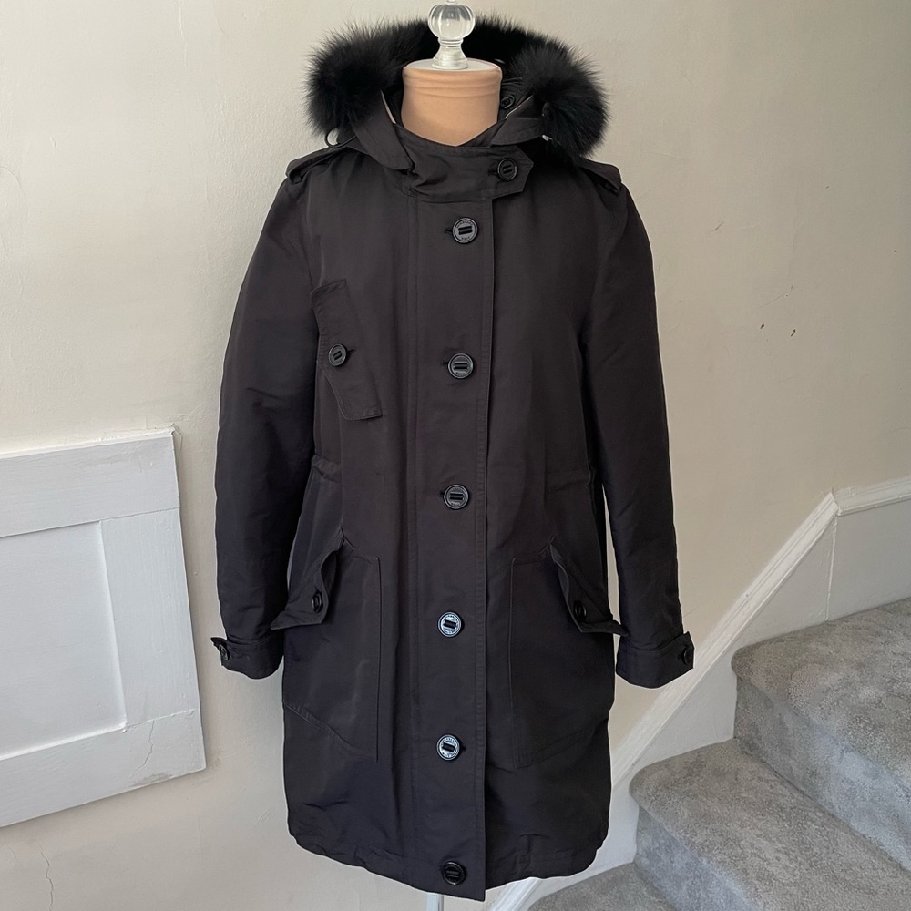 Burberry Brit Black Fox Fur Trim Hood Removable Quilted Liner Parka Coat Euc 8